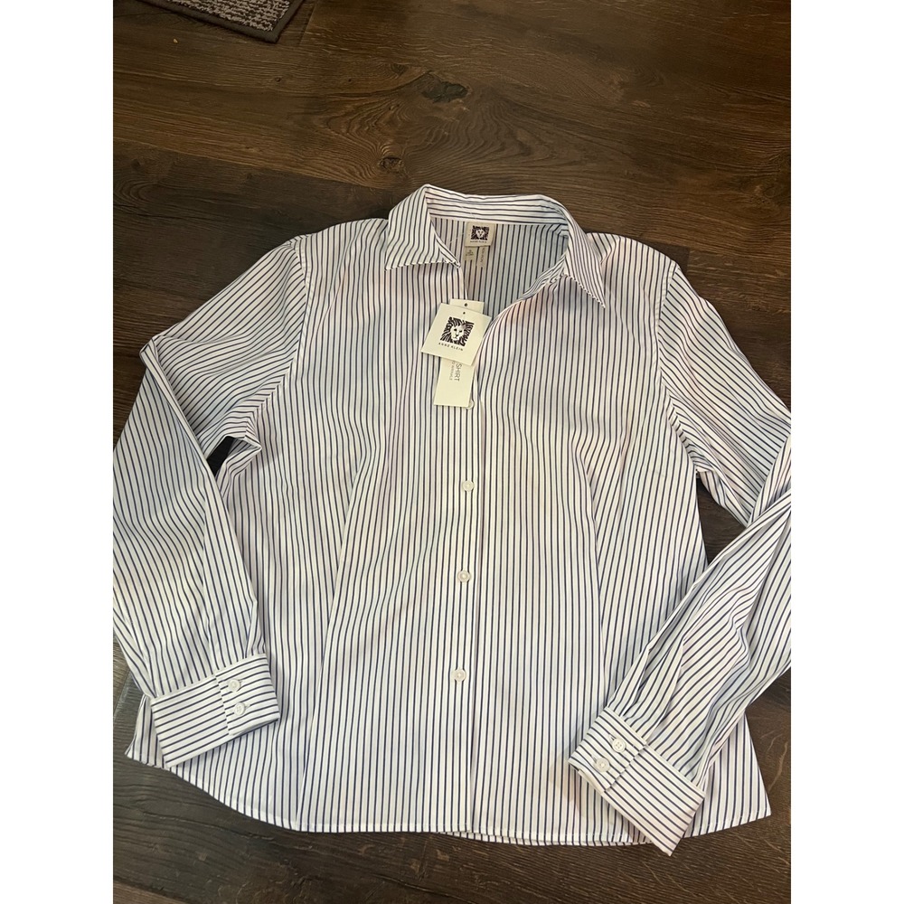 Anne Klein Easy Care Non-Iron Striped Button Down Shirt White Blue XL NWT